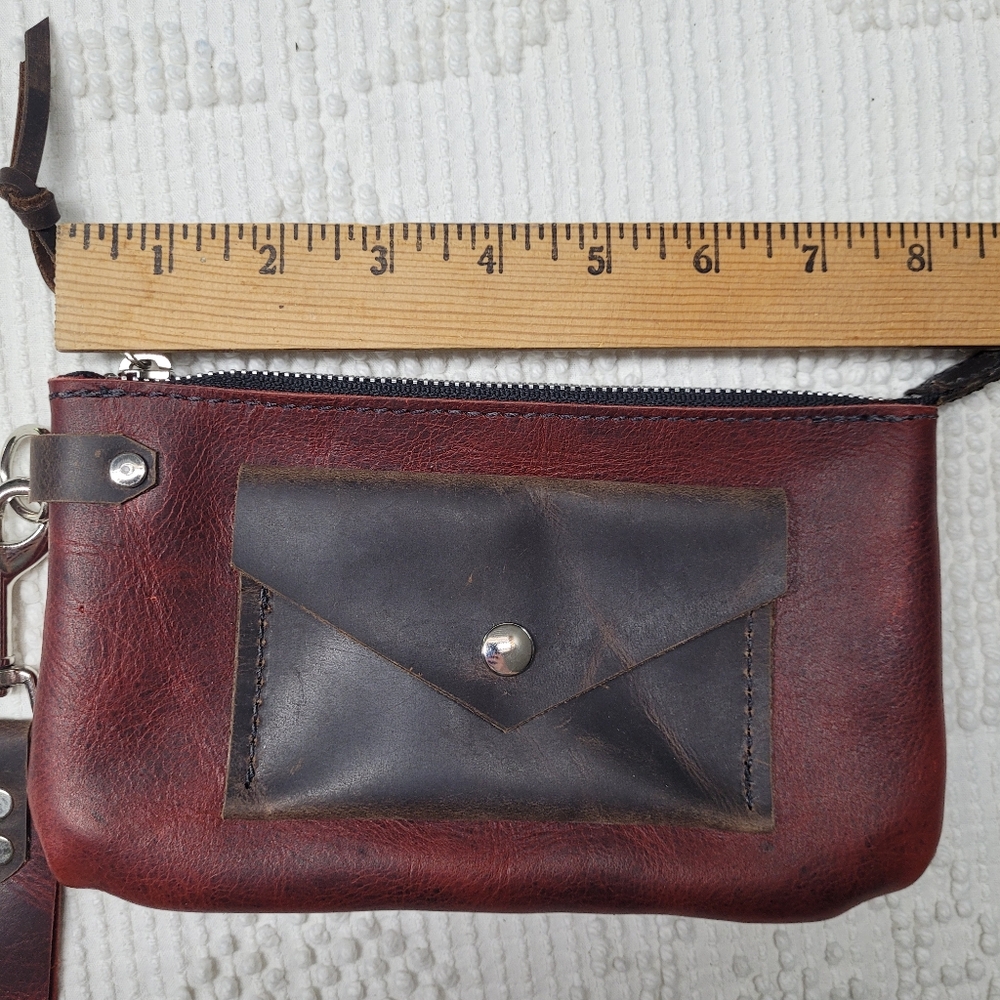 Handmade Womens Red And Brown Leather Clutch With Detachable Wristlet Strap - Picture 7 of 9